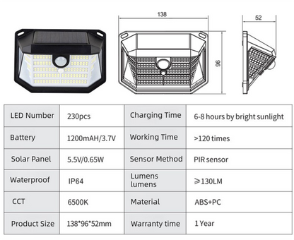 2-Pack Solar Motion Sensor Wall Light(230-Bead LED) - 3 Lighting Modes, IP64 Waterproof, Three-Sided V888-ELOSUNG393679