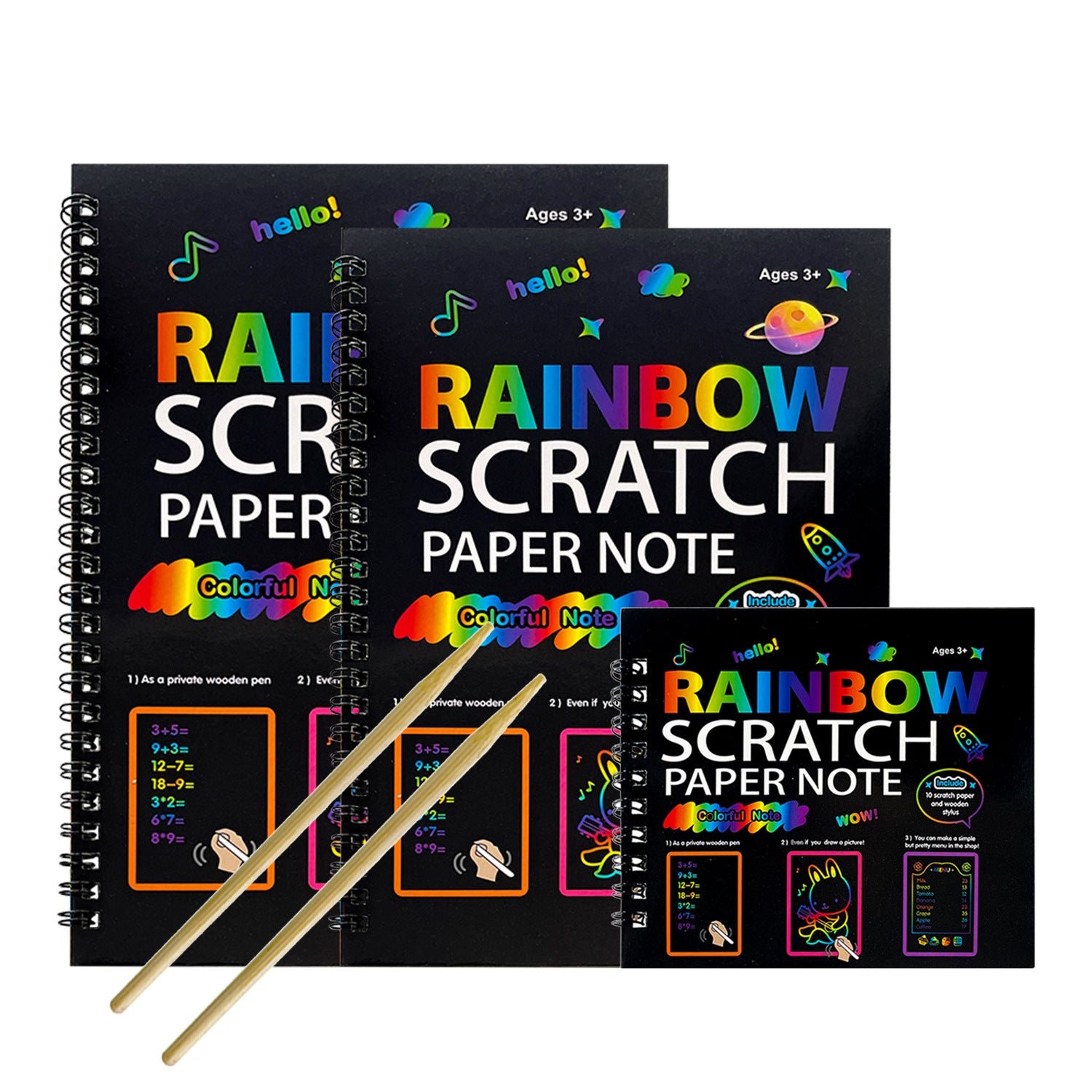 3-Pack DIY Rainbow Scratch Art Books Set - Neon Black Scratch Paper for Kids, Multi-Size (S, M, L) Creative V888-ELOSUNG39391