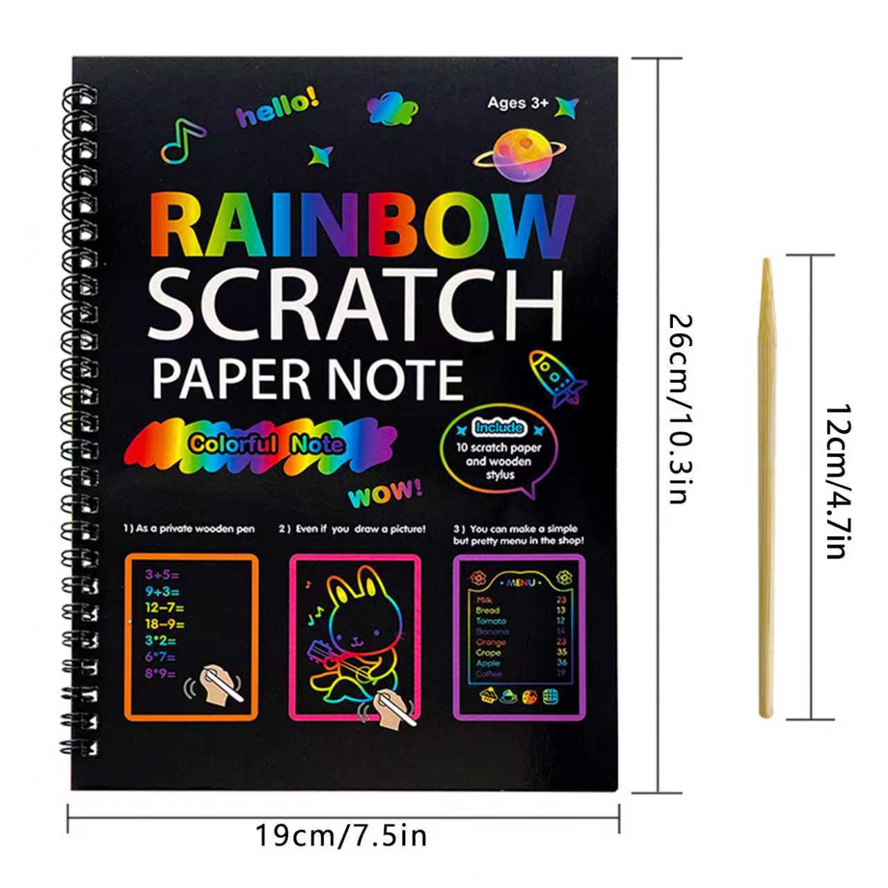 3-Pack DIY Rainbow Scratch Art Books Set - Neon Black Scratch Paper for Kids, Multi-Size (S, M, L) Creative V888-ELOSUNG39391