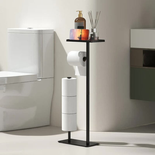 2-in-1 Freestanding Toilet Paper Holder - Thick Carbon Steel with Matte Black Finish, Storage Top and 2 * V888-ELOSUNG39392