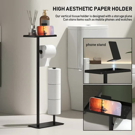 2-in-1 Freestanding Toilet Paper Holder - Thick Carbon Steel with Matte Black Finish, Storage Top and 2 * V888-ELOSUNG39392