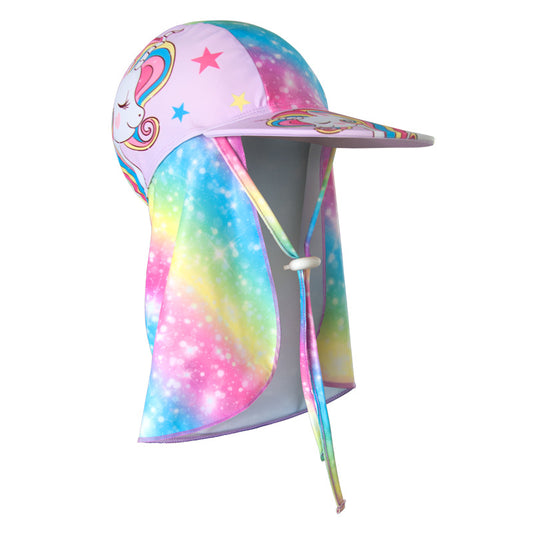 2-Pack Girls' Sun Protection Swim Cap Set - Cute Cartoon Rainbow Horse Pattern, Quick Dry Nylon Swimming & V888-ELOSUNG39412