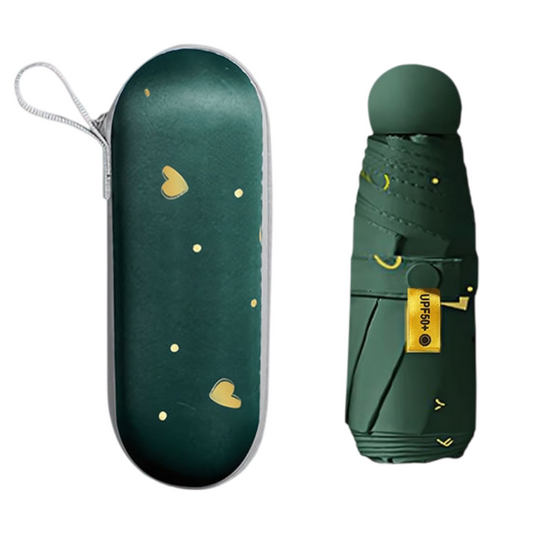2-Pack Green Ultra-Compact 5-Fold Waterproof All-Weather Umbrella for Women - Heart Pattern, Black Glue UV V888-ELOSUNG39421