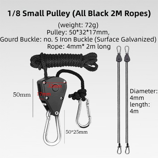 4-Pack 2M Heavy Duty Grow Light Hanger Rope Ratchet - All Black Adjustable Aluminum Pulley System - 50KG+ V888-ELOSUNG39439