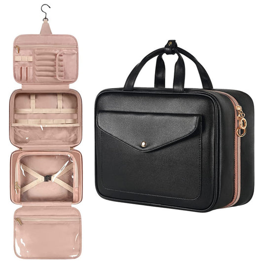 Black Portable Large Hanging Womens' Luxury PU Leather Cosmetic Bag - Waterproof Travel Toiletry Organizer , V888-ELOSUNG39447