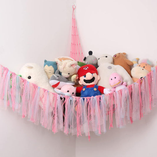 Pink Corner Plush Toy Organizer (100x100x150cm) with Ribbon Accent & Installation Kit - Handwoven Cotton Mesh V888-ELOSUNG39454