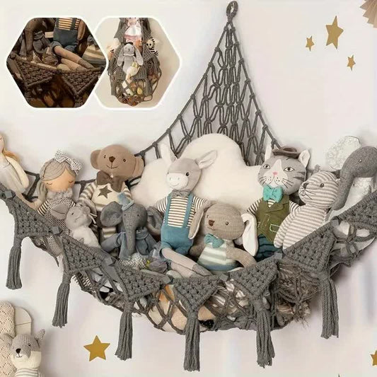 Grey Triangle Woven Plush Toy Corner Organizer (105x105x145cm) with octagonal beads and installation kit - V888-ELOSUNG39456