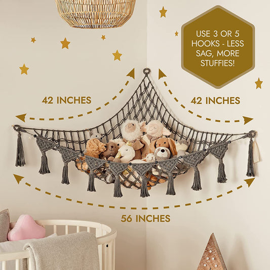 Grey Triangle Woven Plush Toy Corner Organizer (105x105x145cm) with octagonal beads and installation kit - V888-ELOSUNG39456