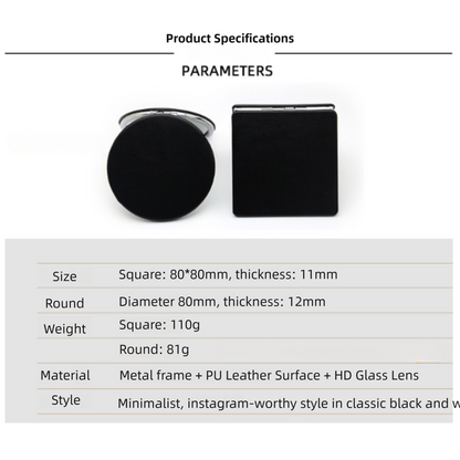 4-Pack Black Jumbo Round Portable Makeup Mirror(8x8CM) - Pocket Cosmetic Mirror for Touch-Ups, PU Leather V888-ELOSUNG39475