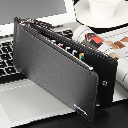 Black Men's Slim Long Bi-Fold Wallet - Multi-Card Holder & Credit Card Organizer with Coin Pocket, Simple PU V888-ELOSUNG39485