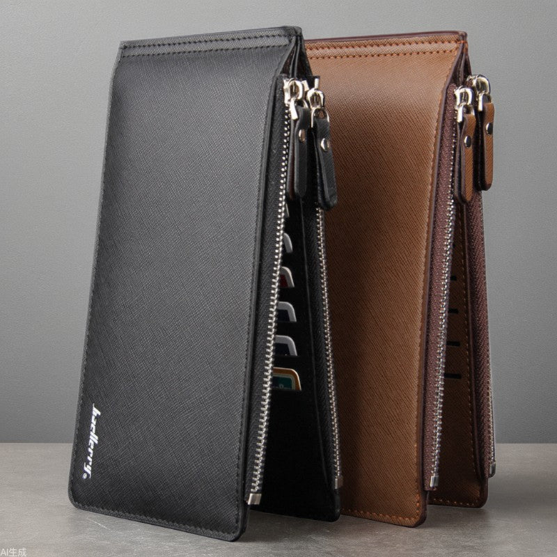 Black Men's Slim Long Bi-Fold Wallet - Multi-Card Holder & Credit Card Organizer with Coin Pocket, Simple PU V888-ELOSUNG39485