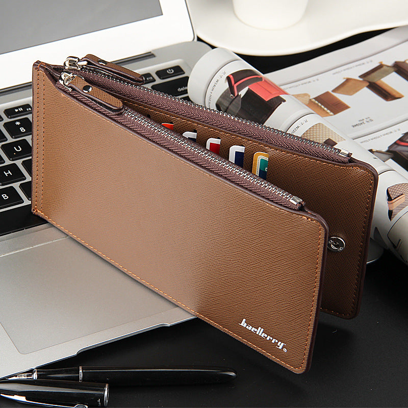 Brown Men's Slim Long Bi-Fold Wallet - Multi-Card Holder & Credit Card Organizer with Coin Pocket, Simple PU V888-ELOSUNG39486