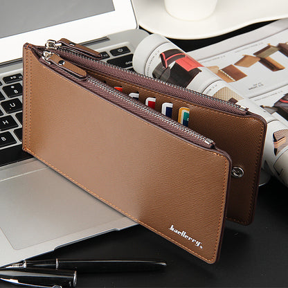 Brown Men's Slim Long Bi-Fold Wallet - Multi-Card Holder & Credit Card Organizer with Coin Pocket, Simple PU V888-ELOSUNG39486