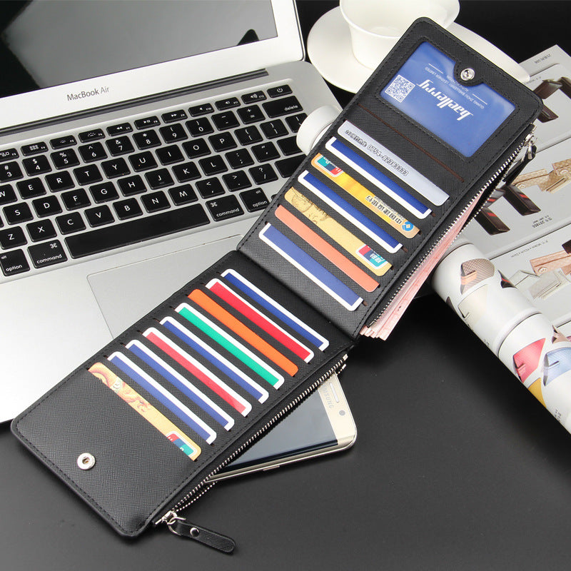 Brown Men's Slim Long Bi-Fold Wallet - Multi-Card Holder & Credit Card Organizer with Coin Pocket, Simple PU V888-ELOSUNG39486