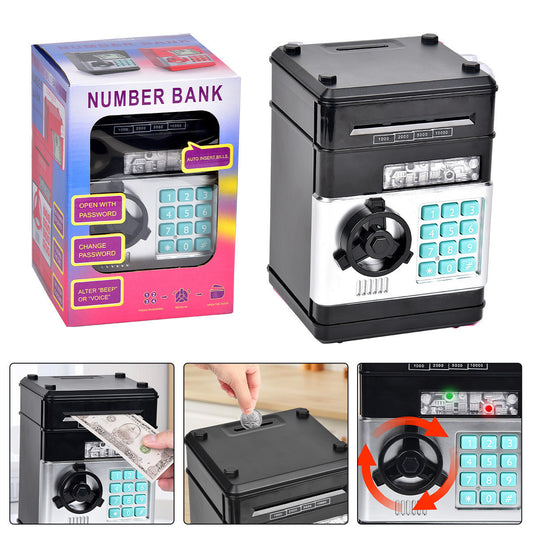 2-Piece Black Smart ATM Piggy Banks - Kids Electronic Money Safe with Password Lock & Auto-Roll in/out Feature V888-ELOSUNG39501