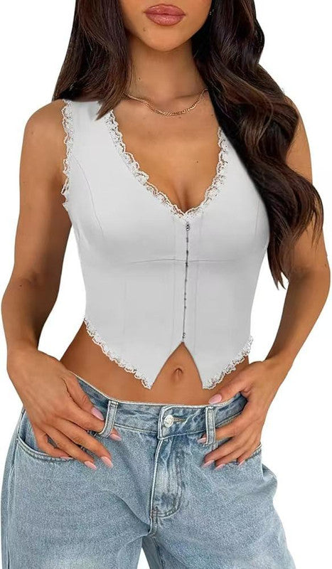 2-Pack White French Vintage Lace Splice Camisole(S Size) - Slim Fit Halter Top with Back Detail and Button V888-ELOSUNG39515