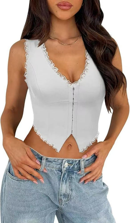 2-Pack White French Vintage Lace Splice Camisole(S Size) - Slim Fit Halter Top with Back Detail and Button V888-ELOSUNG39515