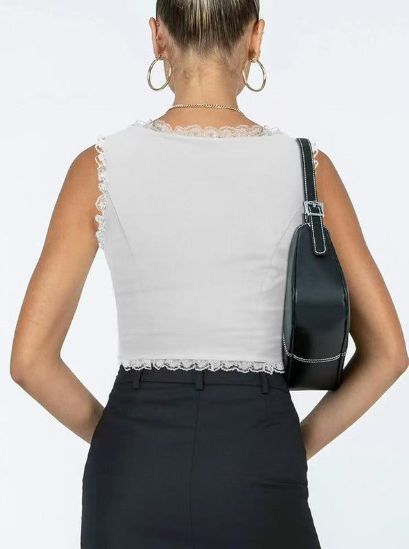 2-Pack White French Vintage Lace Splice Camisole(S Size) - Slim Fit Halter Top with Back Detail and Button V888-ELOSUNG39515