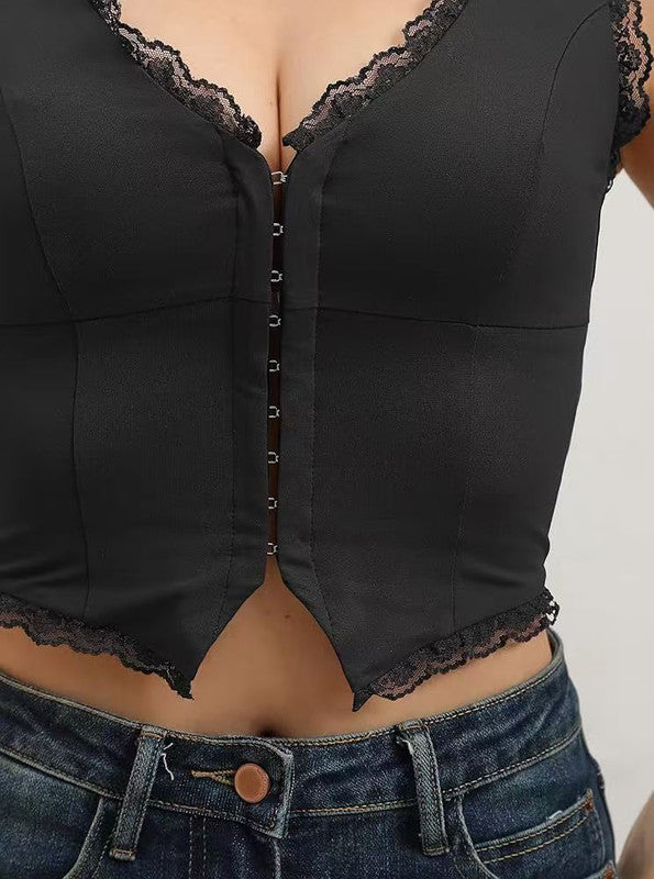2-Pack Black French Vintage Lace Splice Camisole(S Size) - Slim Fit Halter Top with Back Detail and Button V888-ELOSUNG39520