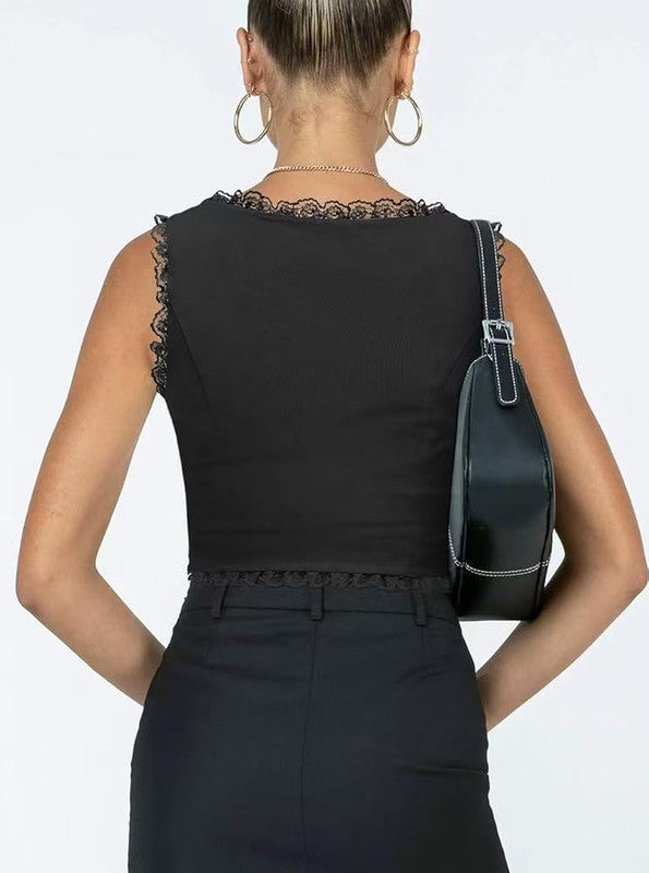 2-Pack Black French Vintage Lace Splice Camisole(S Size) - Slim Fit Halter Top with Back Detail and Button V888-ELOSUNG39520