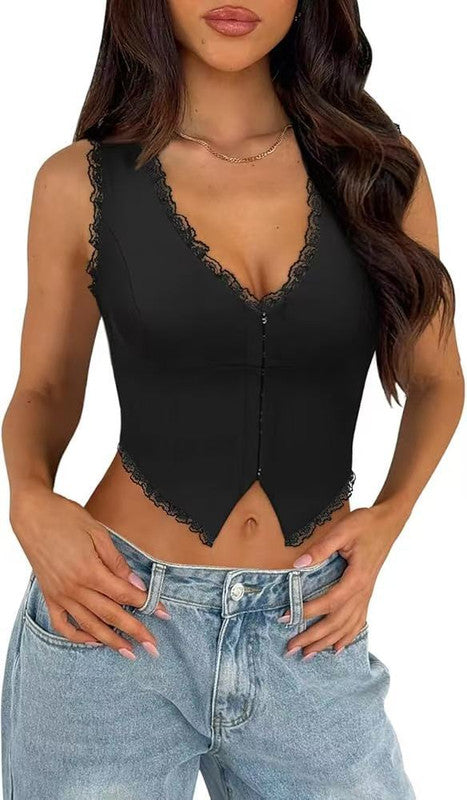 2-Pack Black French Vintage Lace Splice Camisole(L Size) - Slim Fit Halter Top with Back Detail and Button V888-ELOSUNG39522