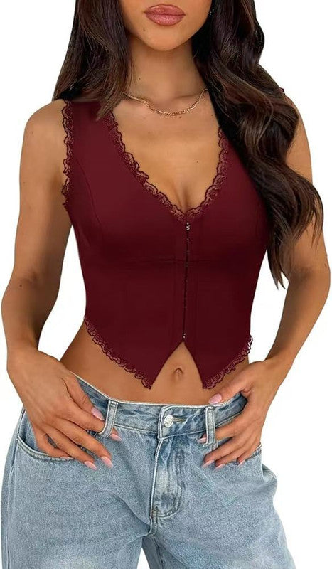 2-Pack Red French Vintage Lace Splice Camisole(S Size) - Slim Fit Halter Top with Back Detail and Button V888-ELOSUNG39525