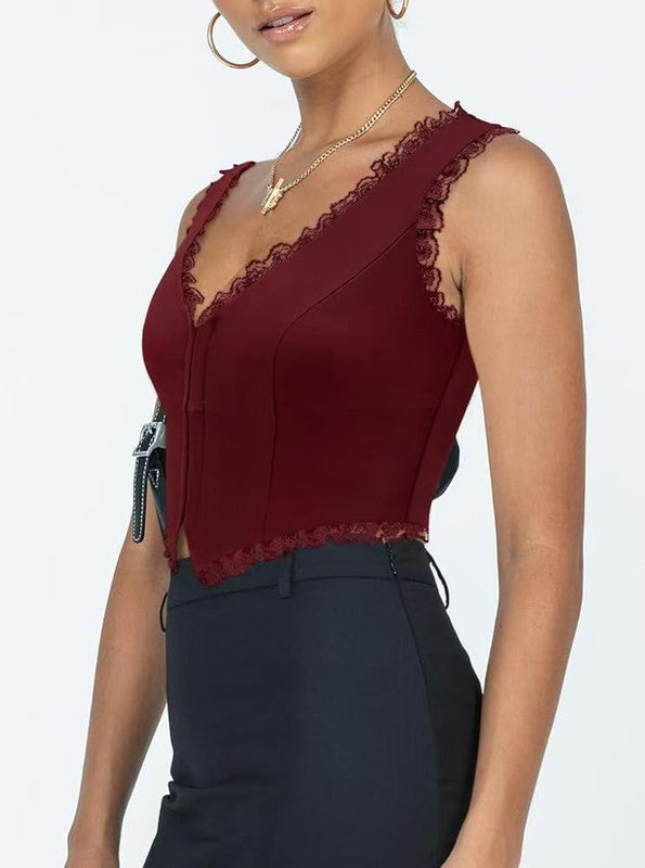 2-Pack Red French Vintage Lace Splice Camisole(S Size) - Slim Fit Halter Top with Back Detail and Button V888-ELOSUNG39525