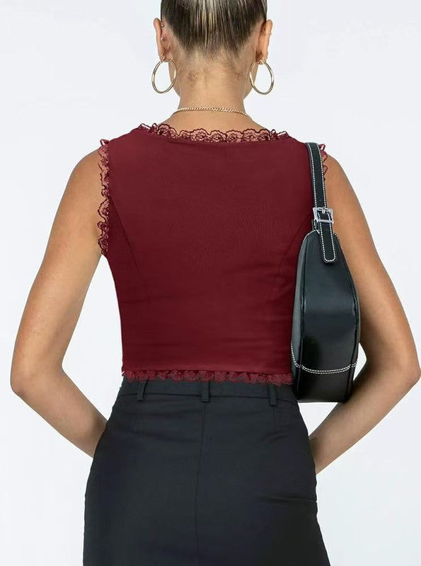 2-Pack Red French Vintage Lace Splice Camisole(S Size) - Slim Fit Halter Top with Back Detail and Button V888-ELOSUNG39525