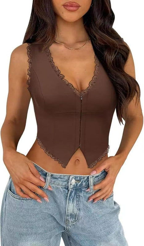 2-Pack Brown French Vintage Lace Splice Camisole(S Size) - Slim Fit Halter Top with Back Detail and Button V888-ELOSUNG39530