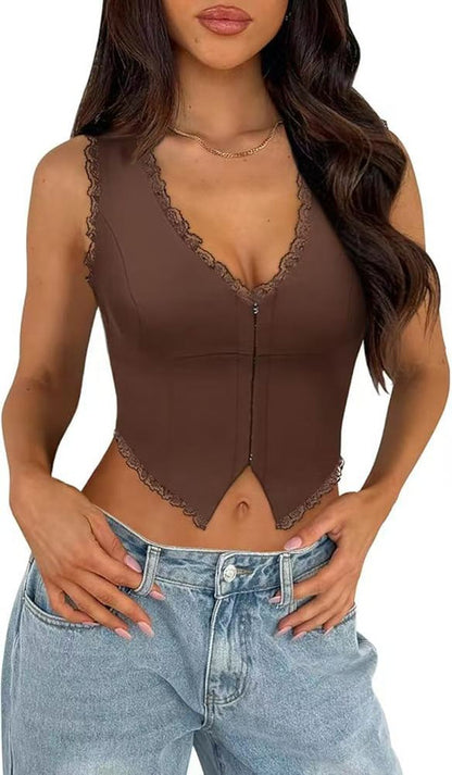2-Pack Brown French Vintage Lace Splice Camisole(S Size) - Slim Fit Halter Top with Back Detail and Button V888-ELOSUNG39530
