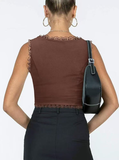 2-Pack Brown French Vintage Lace Splice Camisole(S Size) - Slim Fit Halter Top with Back Detail and Button V888-ELOSUNG39530