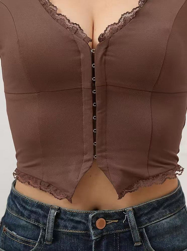 2-Pack Brown French Vintage Lace Splice Camisole(S Size) - Slim Fit Halter Top with Back Detail and Button V888-ELOSUNG39530