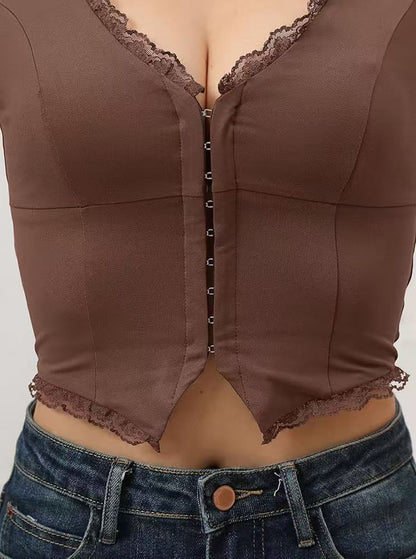 2-Pack Brown French Vintage Lace Splice Camisole(S Size) - Slim Fit Halter Top with Back Detail and Button V888-ELOSUNG39530