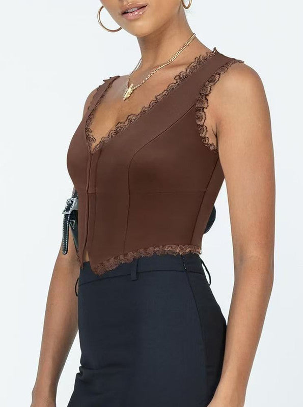 2-Pack Brown French Vintage Lace Splice Camisole(S Size) - Slim Fit Halter Top with Back Detail and Button V888-ELOSUNG39530