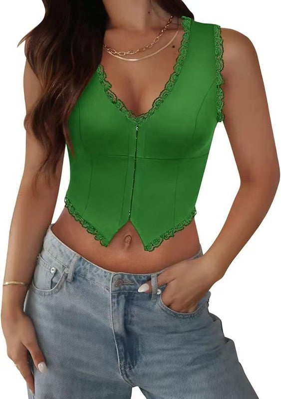 2-Pack Green French Vintage Lace Splice Camisole(S Size) - Slim Fit Halter Top with Back Detail and Button V888-ELOSUNG39535