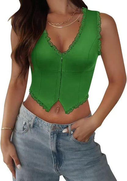2-Pack Green French Vintage Lace Splice Camisole(S Size) - Slim Fit Halter Top with Back Detail and Button V888-ELOSUNG39535