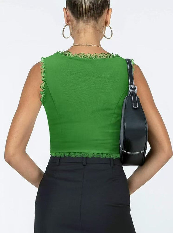 2-Pack Green French Vintage Lace Splice Camisole(S Size) - Slim Fit Halter Top with Back Detail and Button V888-ELOSUNG39535