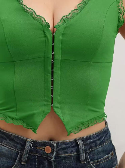2-Pack Green French Vintage Lace Splice Camisole(S Size) - Slim Fit Halter Top with Back Detail and Button V888-ELOSUNG39535