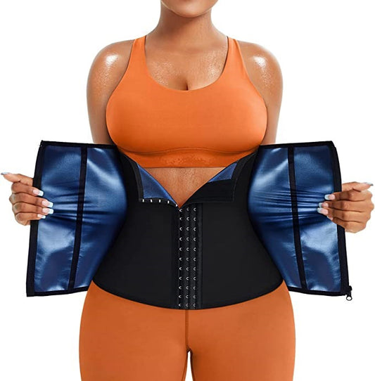 Blue Silver Ion Sauna Waist Trainer for Women(Size M) - 2-in-1 Zipper and Hook/Eye Sweat-Wicking Sports V888-ELOSUNG39574