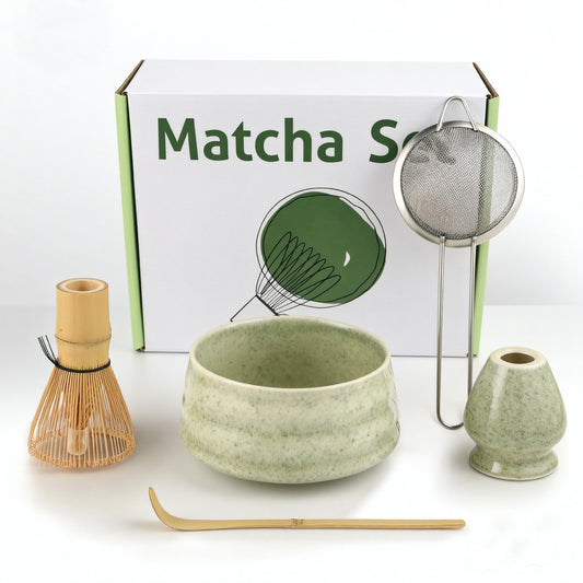 Matcha Color Ceremony 5-Piece Matcha Ceramic Tool Set - Gift Box with Whisk (Chasen), Whisk Holder (Chasen V888-ELOSUNG39600