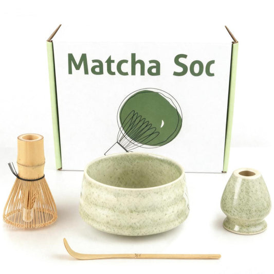 Matcha Color Ceremony 4-Piece Matcha Ceramic Tool Set - Gift Box with Whisk (Chasen), Whisk Holder (Chasen V888-ELOSUNG39601