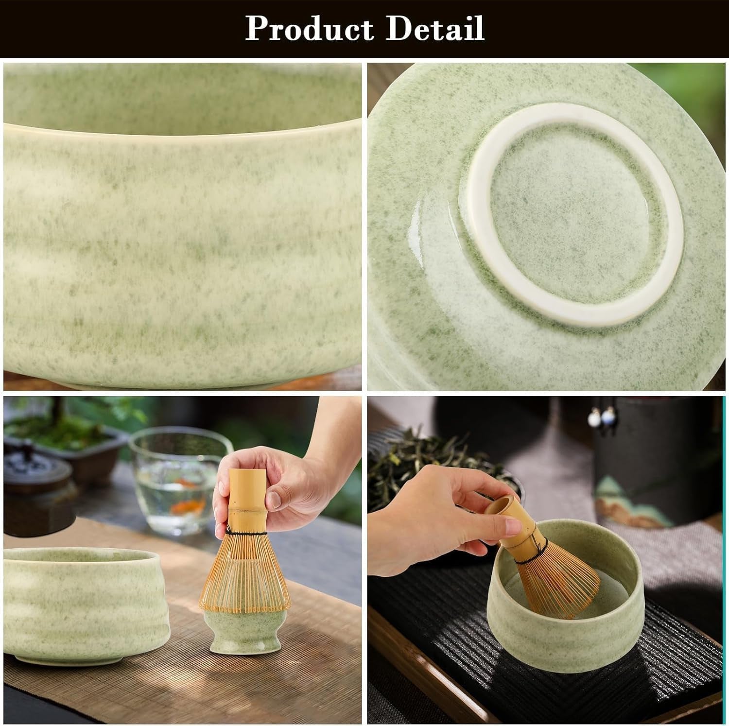 Gradient Green Ceremony 5-Piece Matcha Ceramic Tool Set - Gift Box with Whisk (Chasen), Whisk Holder (Chasen V888-ELOSUNG39602