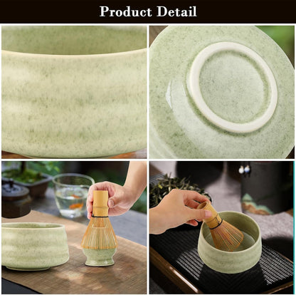 Gradient Green Ceremony 5-Piece Matcha Ceramic Tool Set - Gift Box with Whisk (Chasen), Whisk Holder (Chasen V888-ELOSUNG39602