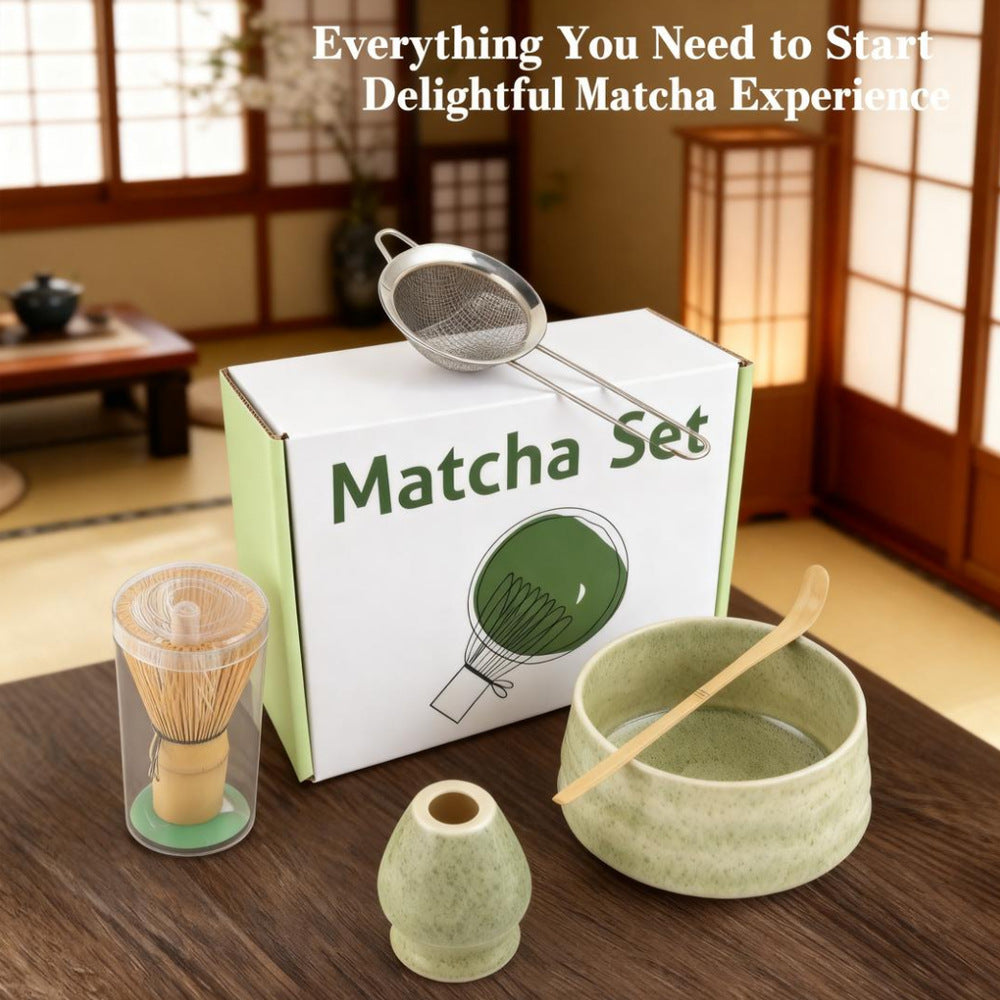 Gradient Green Ceremony 5-Piece Matcha Ceramic Tool Set - Gift Box with Whisk (Chasen), Whisk Holder (Chasen V888-ELOSUNG39602