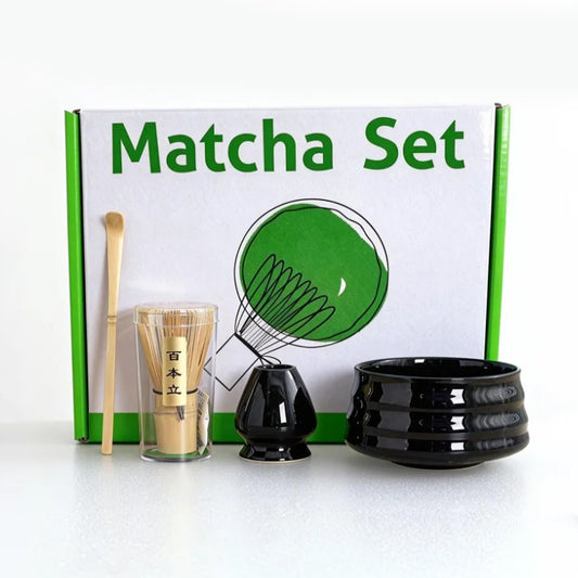 Black Ceremony 4-Piece Matcha Ceramic Tool Set - Gift Box with Whisk (Chasen), Whisk Holder (Chasen V888-ELOSUNG39603