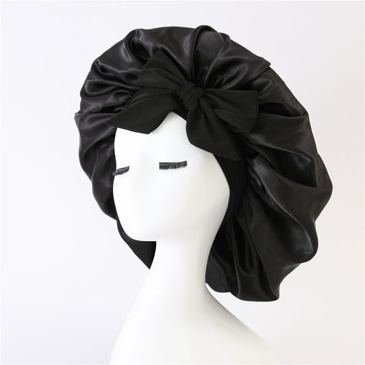 2-Pack Black Satin Bonnet with Wide Band and Bow Tie - Hair Care Sleep Cap and Turban for Women V888-ELOSUNG39615