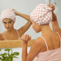 Thickened Double-Layer Pink Checkered Printed Waterproof Shower Cap for Women - Thickened Reusable Bath Hair V888-ELOSUNG39653