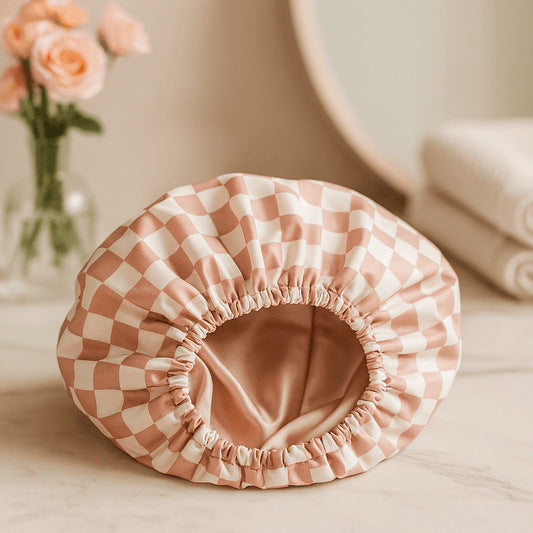 Thickened Double-Layer Pink Checkered Printed Waterproof Shower Cap for Women - Thickened Reusable Bath Hair V888-ELOSUNG39653