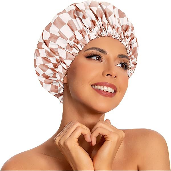 Thickened Double-Layer Pink Checkered Printed Waterproof Shower Cap for Women - Thickened Reusable Bath Hair V888-ELOSUNG39653