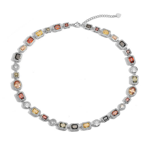 White-Gold Vintage Light Luxury Geometric Colorful Gemstone Choker Necklace (L: 45-50CM) - High-End Palace V888-ELOSUNG39690